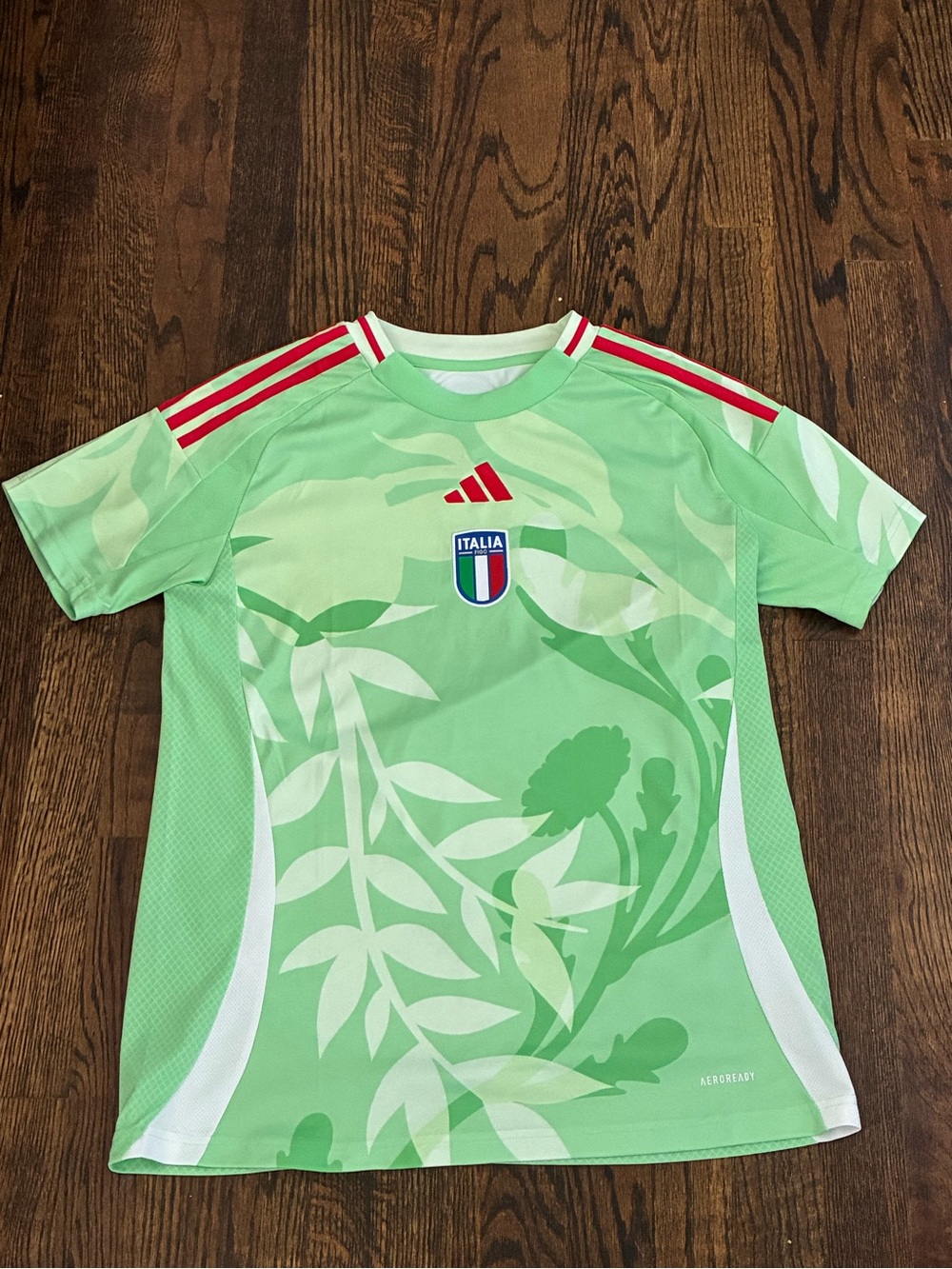 adidas Green Italia Kids Football Jersey with Red Shoulder Stripes